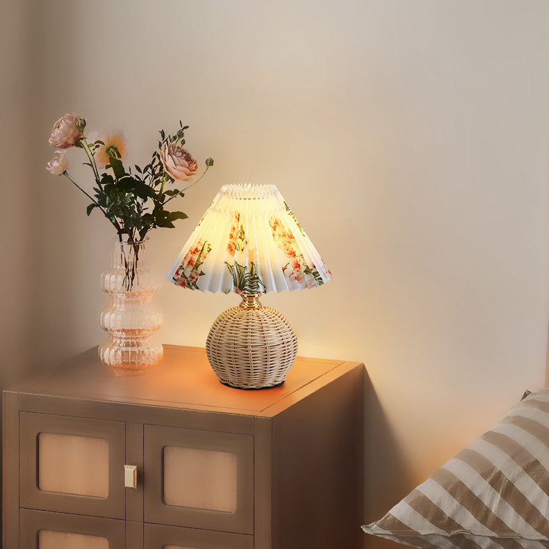 Scandi Rattan Table Lamp with Pleated Fabric Shade