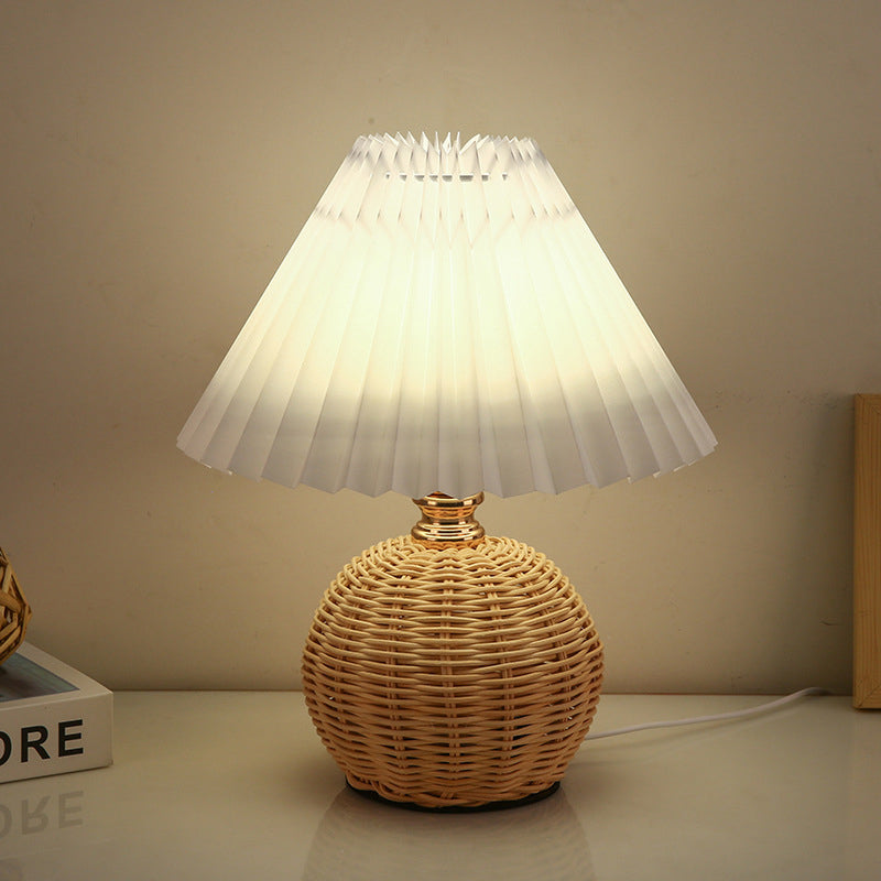 Scandi Rattan Table Lamp with Pleated Fabric Shade