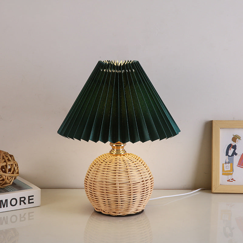 Scandi Rattan Table Lamp with Pleated Fabric Shade