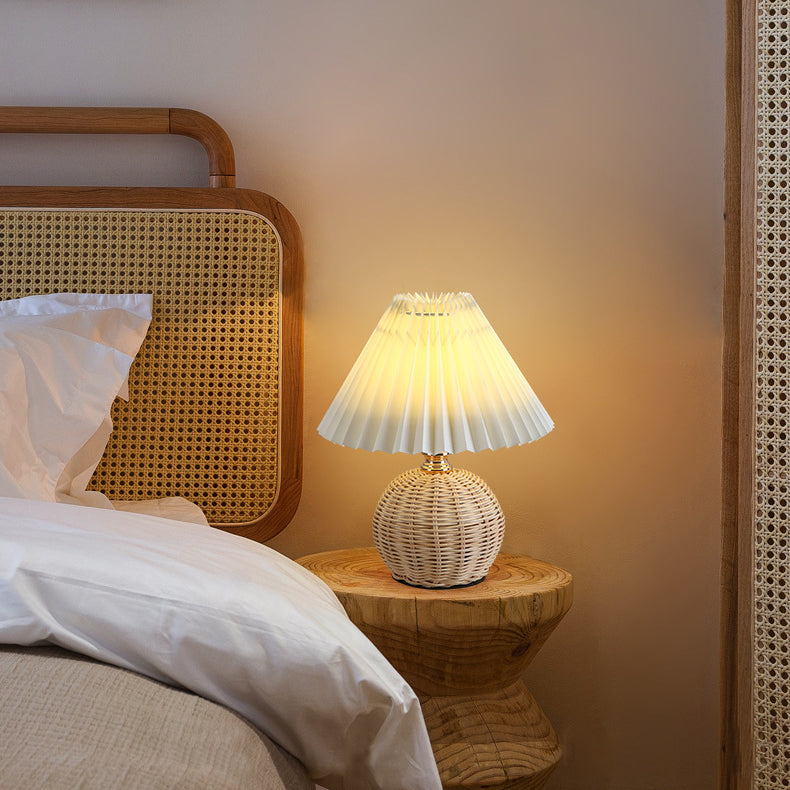 Scandi Rattan Table Lamp with Pleated Fabric Shade