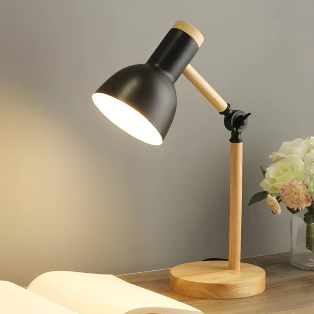 Scandinavian Table Lamp, Adjustable Shade and Wood Base