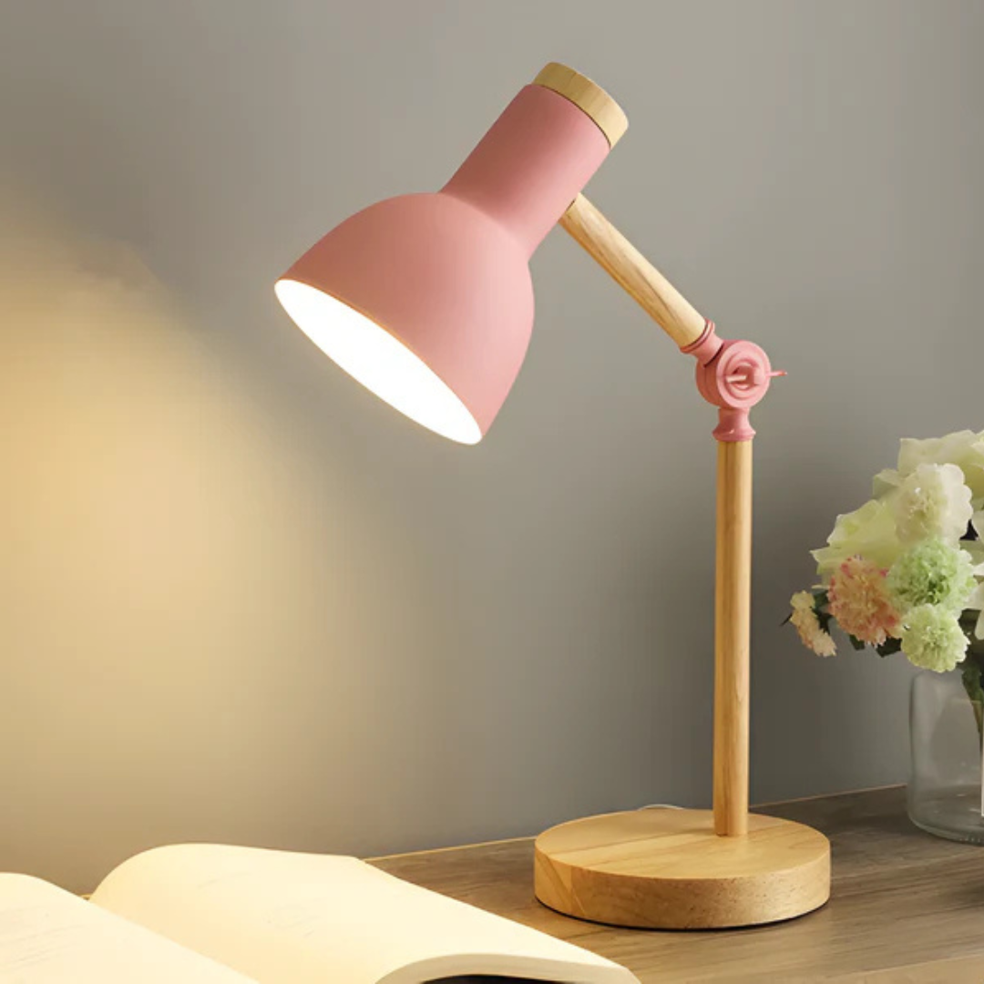 Scandinavian Table Lamp, Adjustable Shade and Wood Base