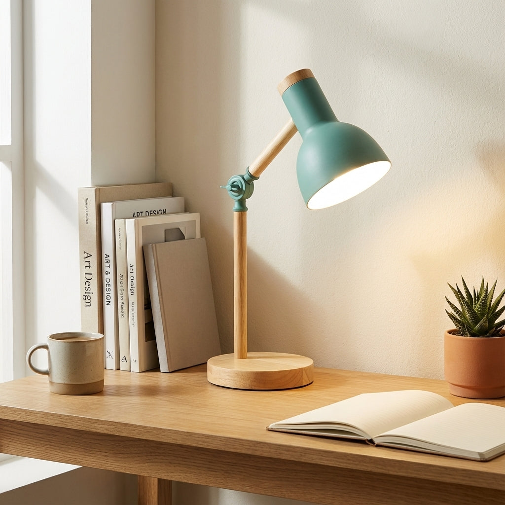 Scandi Table Lamp with Adjustable Arm and Wood Base
