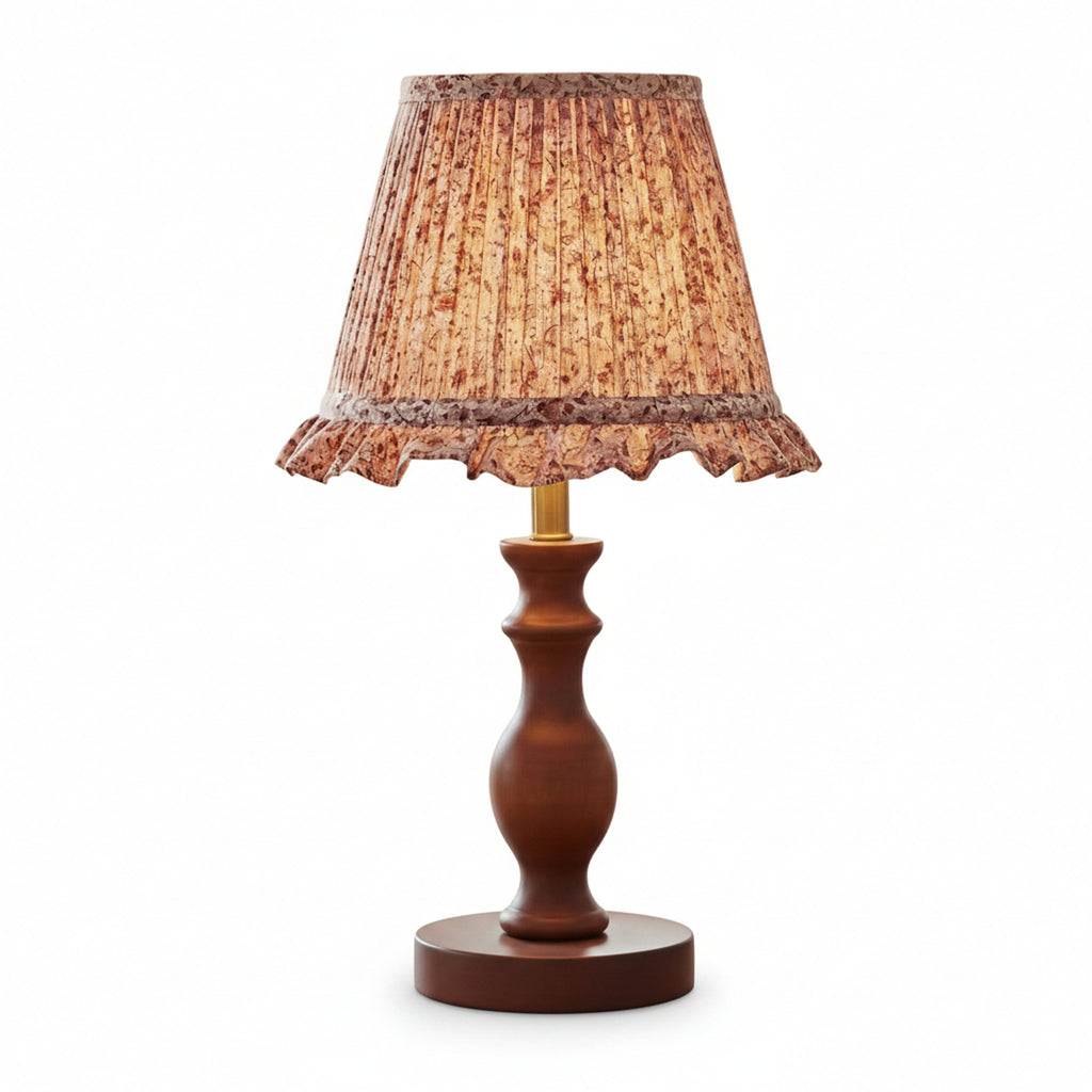Vintage Floral Pleated Shade Table Lamp, Turned Wood Base