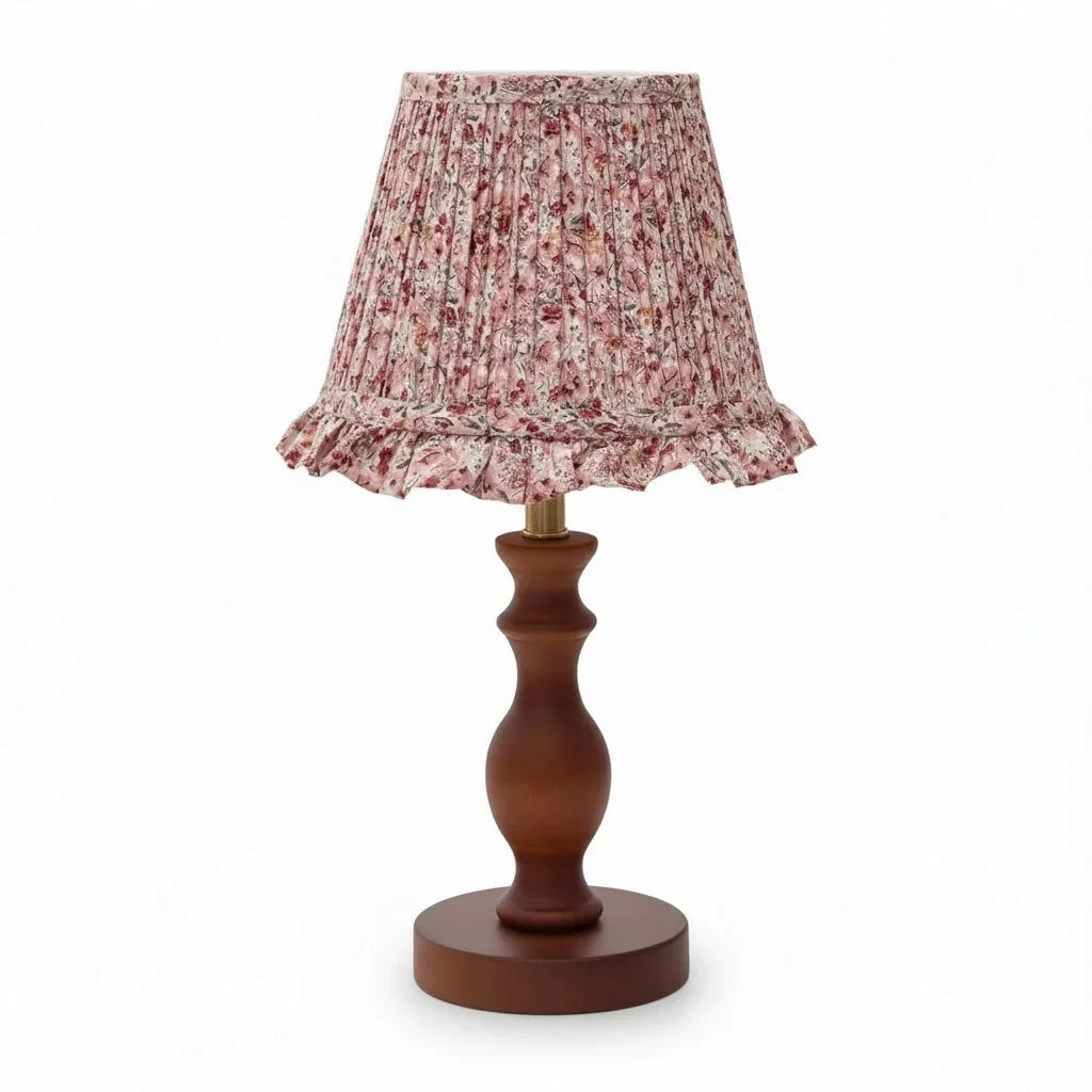 Vintage Floral Pleated Shade Table Lamp, Turned Wood Base