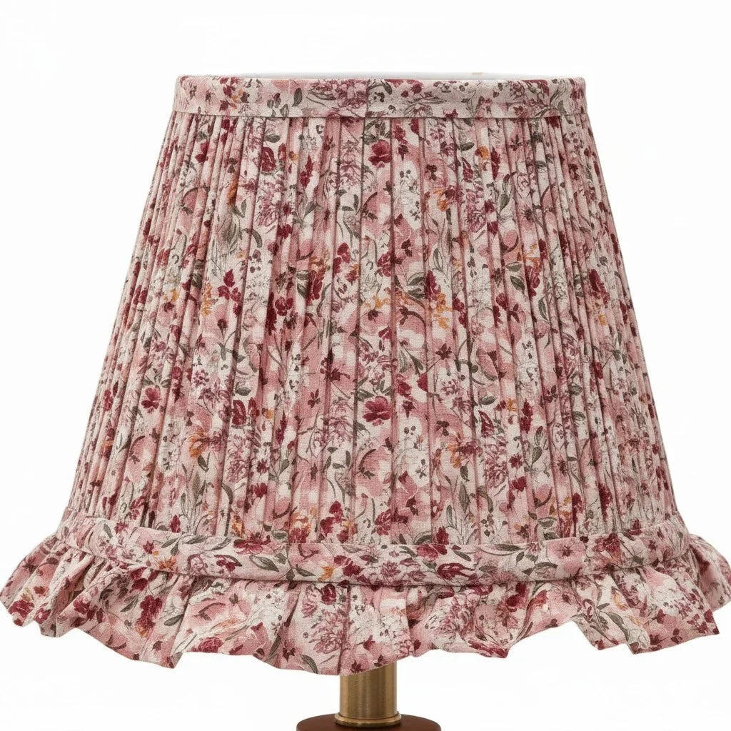 Vintage Floral Pleated Shade Table Lamp, Turned Wood Base