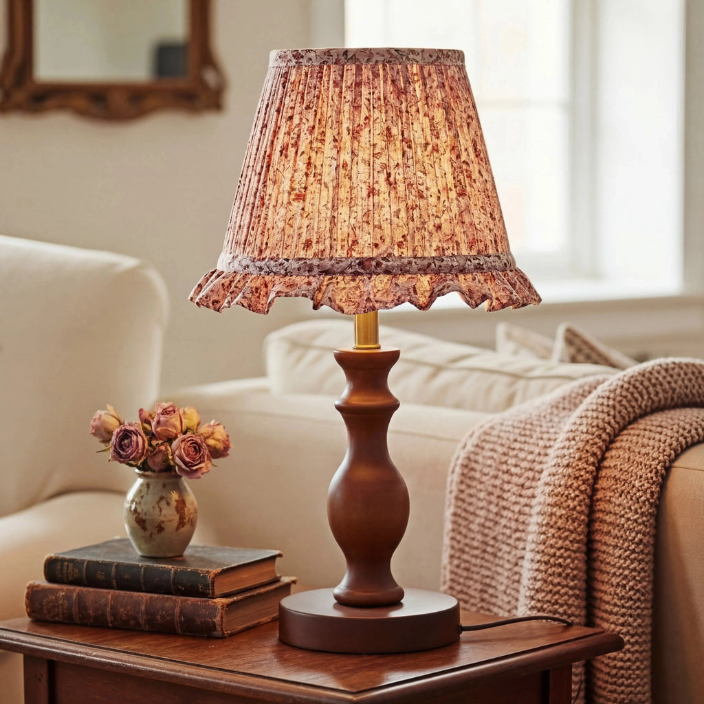 Vintage Floral Pleated Shade Table Lamp, Turned Wood Base