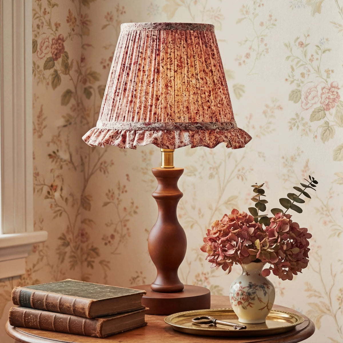 Vintage Floral Pleated Shade Table Lamp, Turned Wood Base