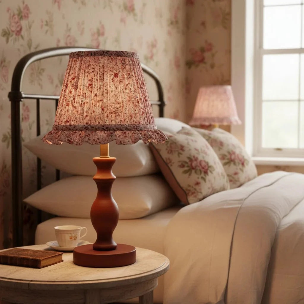 Vintage Floral Pleated Shade Table Lamp, Turned Wood Base