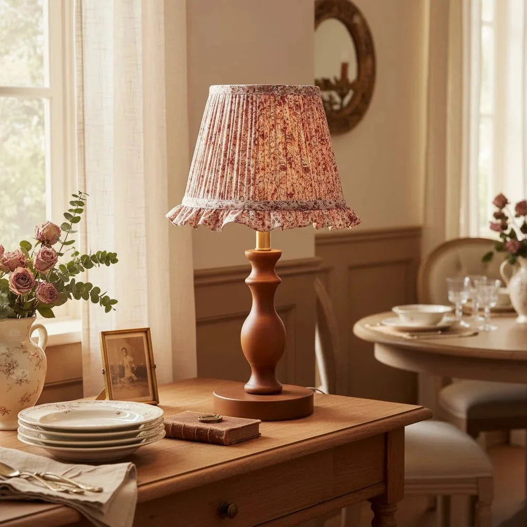 Vintage Floral Pleated Shade Table Lamp, Turned Wood Base