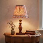 Vintage Floral Pleated Shade Table Lamp, Turned Wood Base