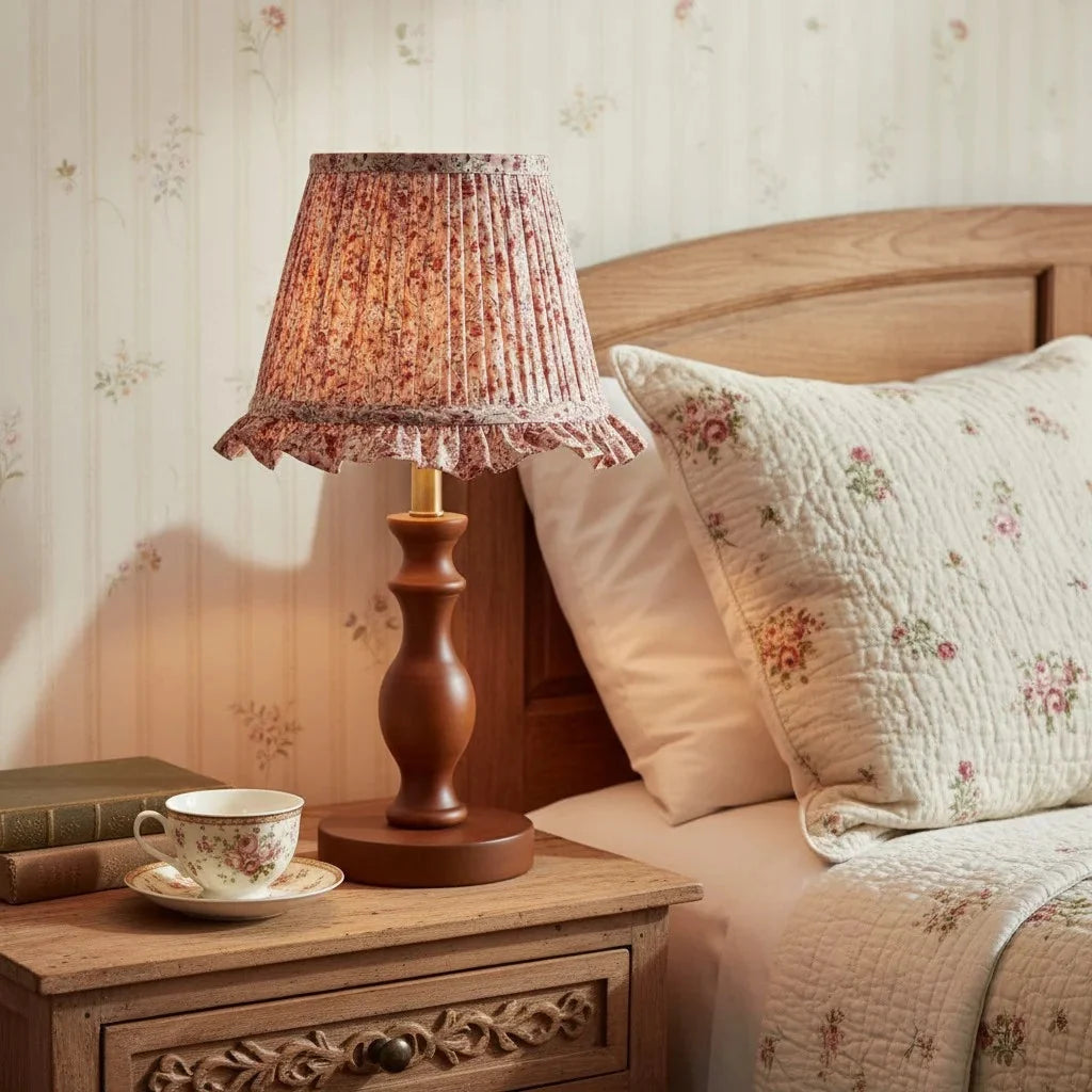 Vintage Floral Pleated Shade Table Lamp, Turned Wood Base