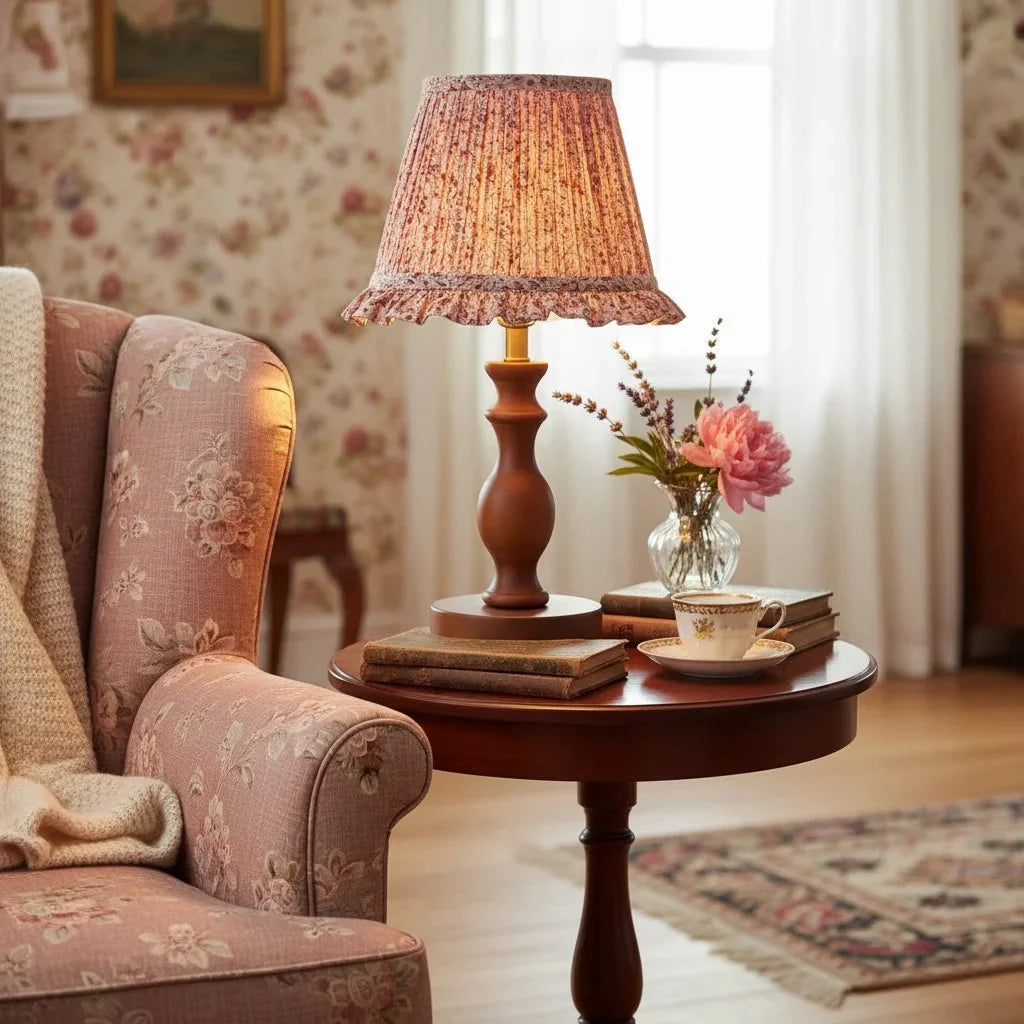 Vintage Floral Pleated Shade Table Lamp, Turned Wood Base
