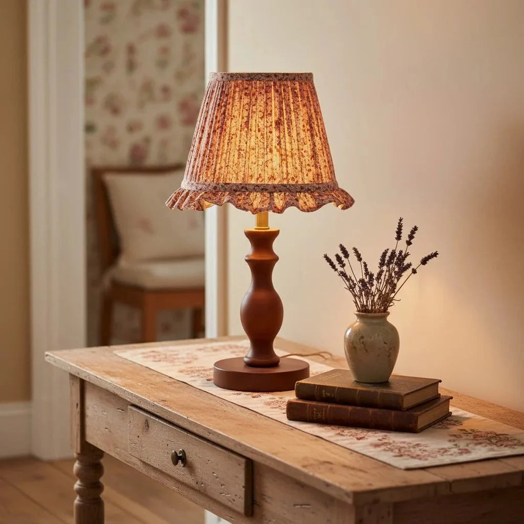 Vintage Floral Pleated Shade Table Lamp, Turned Wood Base