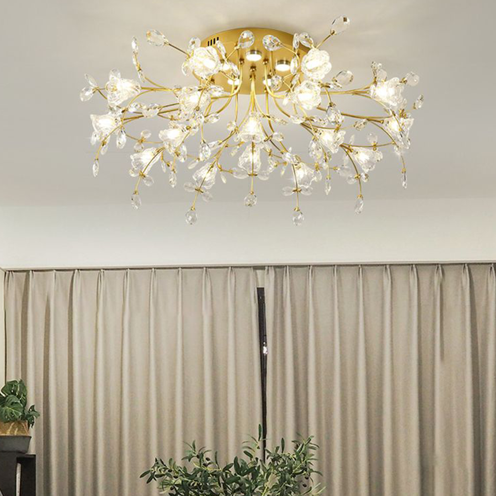 Art Deco Floral Ceiling Light with Crystal Drops, 3 Sizes