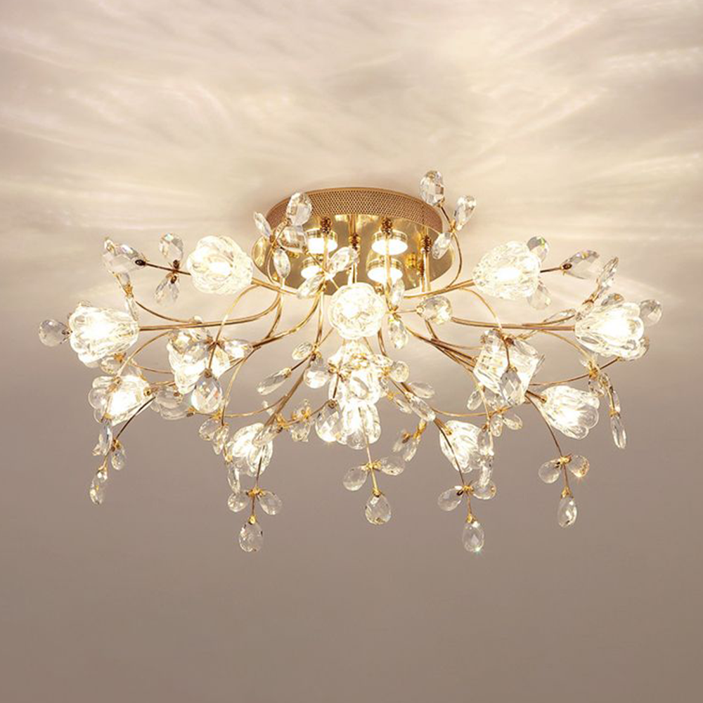Art Deco Floral Ceiling Light with Crystal Drops, 3 Sizes