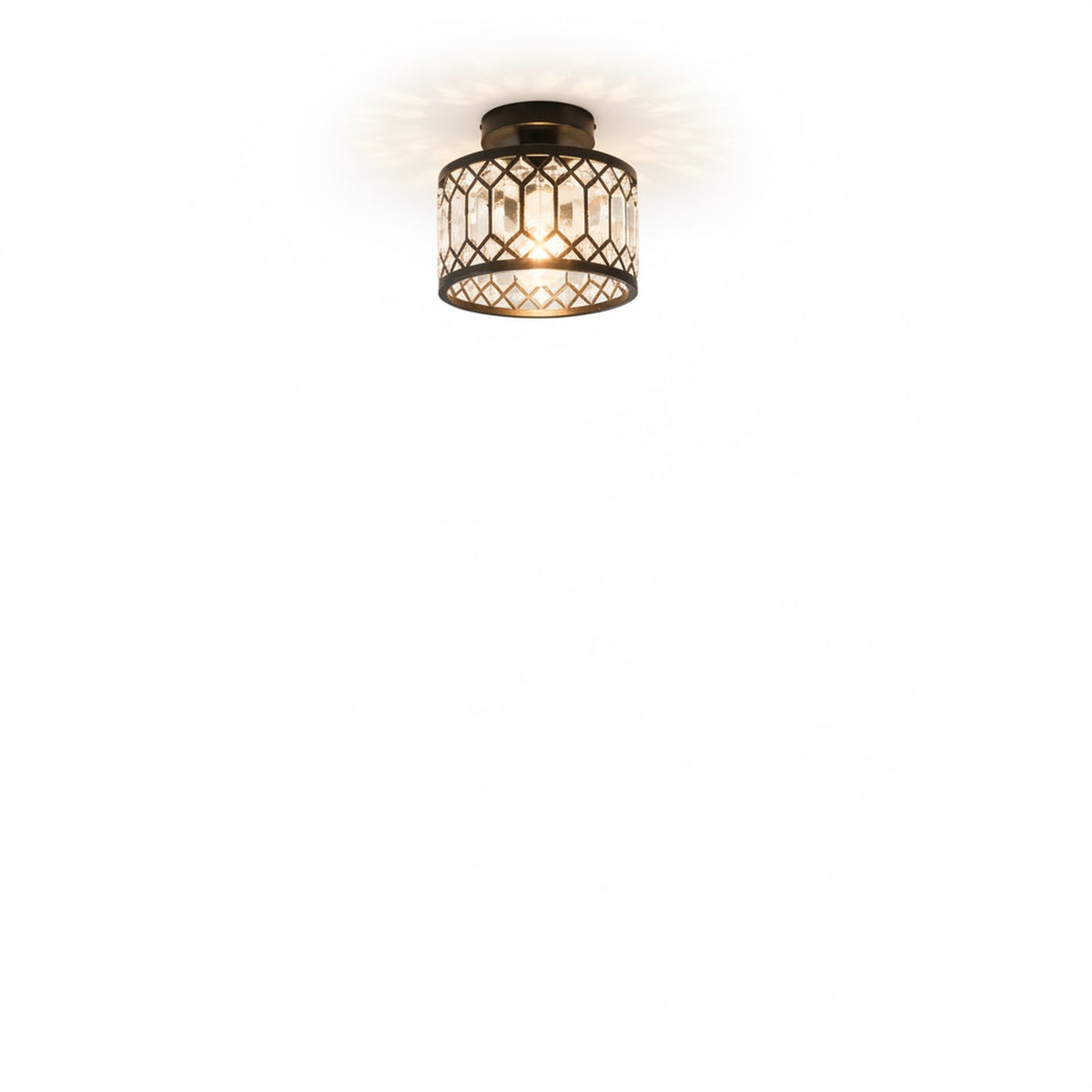 Art Deco Crystal Drum Ceiling Light, Black Metal Frame