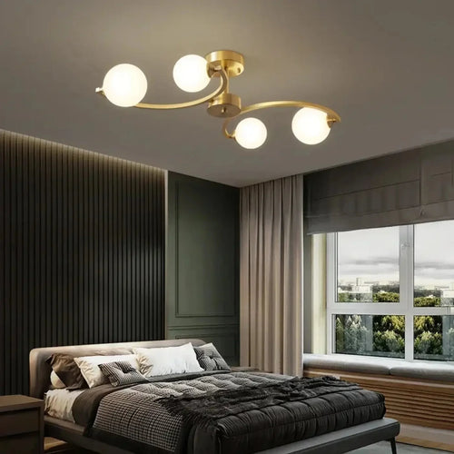Art Deco Ceiling Light with Opal Glass Globes, Gold Arms