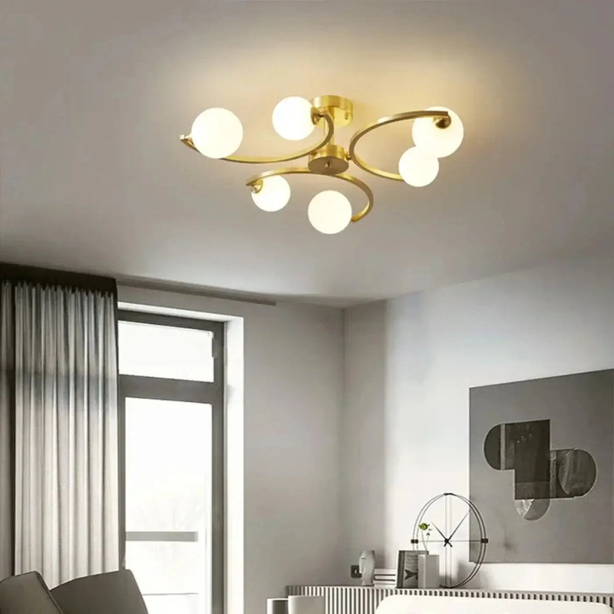 Art Deco Ceiling Light with Opal Glass Globes, Gold Arms