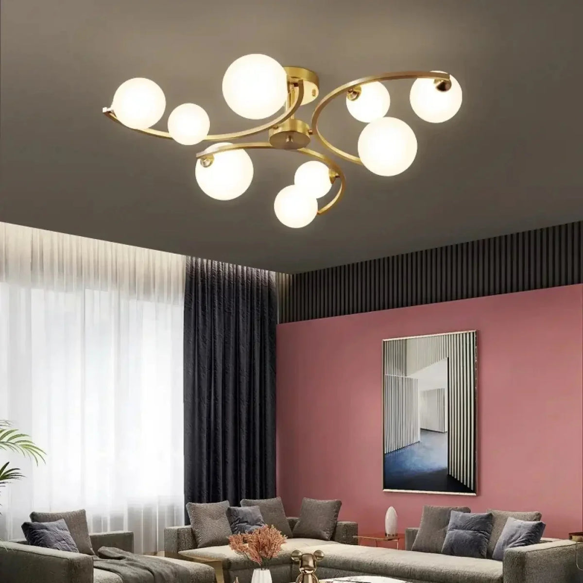 Art Deco Ceiling Light with Opal Glass Globes, Gold Arms