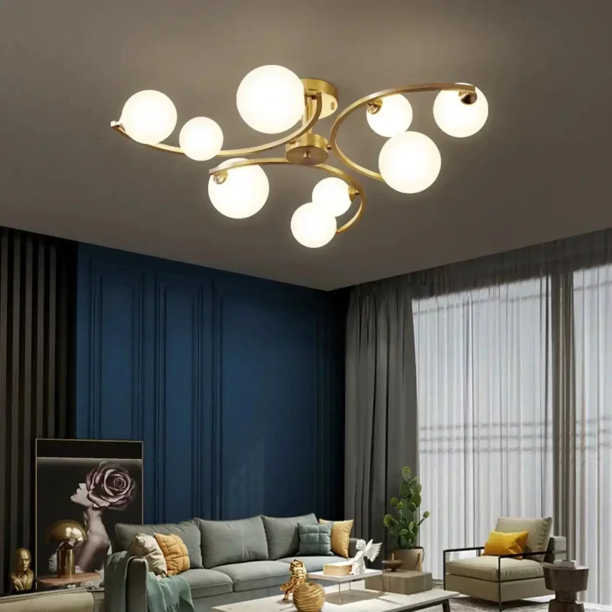 Art Deco Ceiling Light with Opal Glass Globes, Gold Arms
