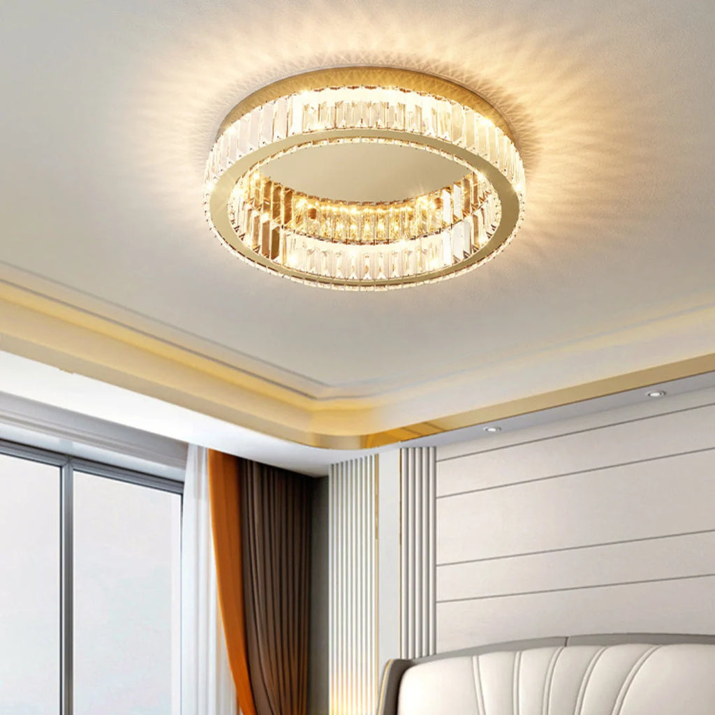 Glamour Crystal Flush Ceiling Light, Gold Double Ring