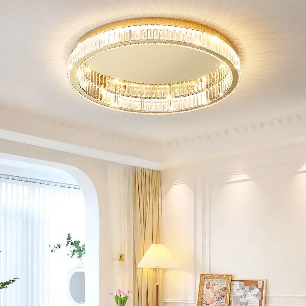 Glamour Crystal Flush Ceiling Light, Gold Double Ring