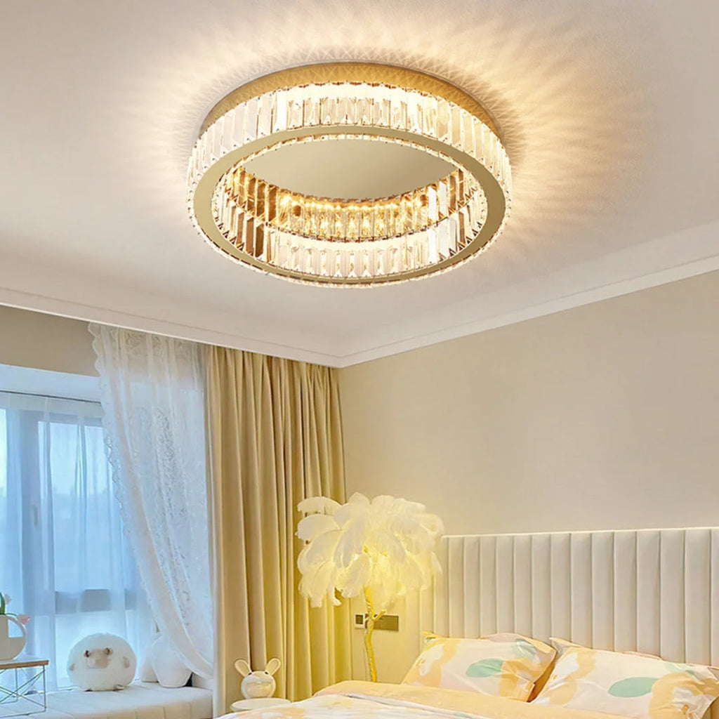 Glamour Crystal Flush Ceiling Light, Gold Double Ring