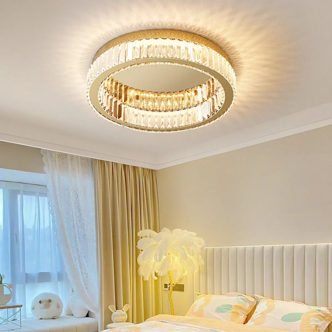 Glamour Crystal Flush Ceiling Light, Gold Double Ring