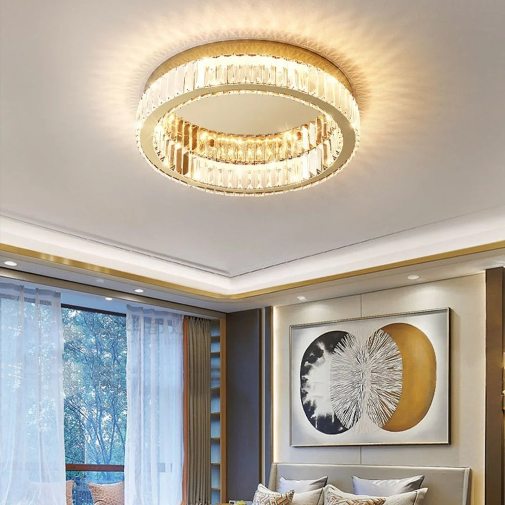 Glamour Crystal Flush Ceiling Light, Gold Double Ring