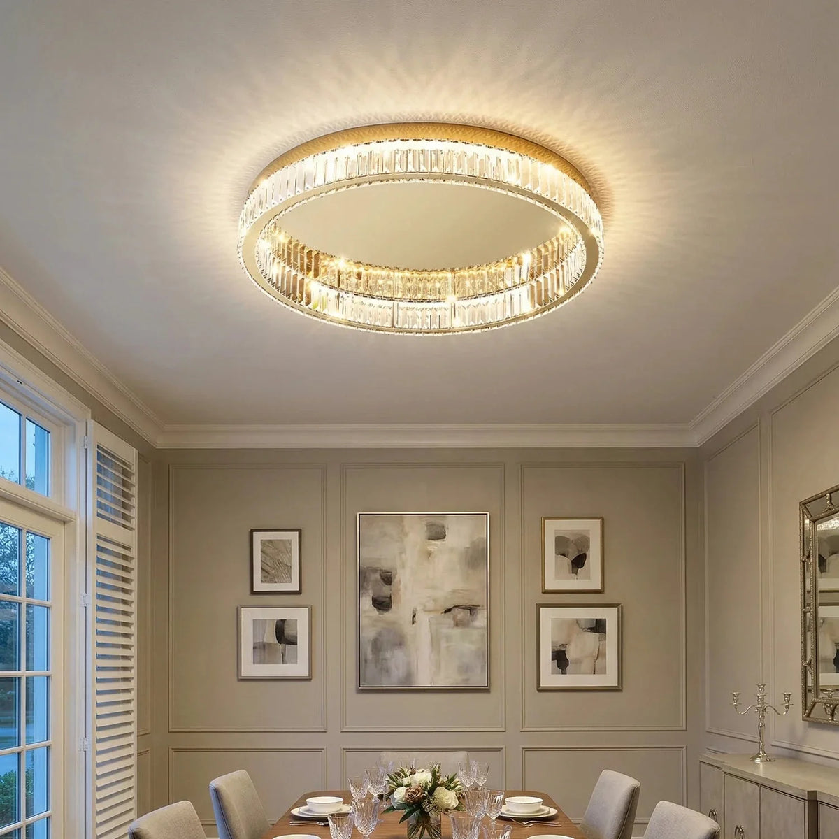 Glamour Crystal Flush Ceiling Light, Gold Double Ring