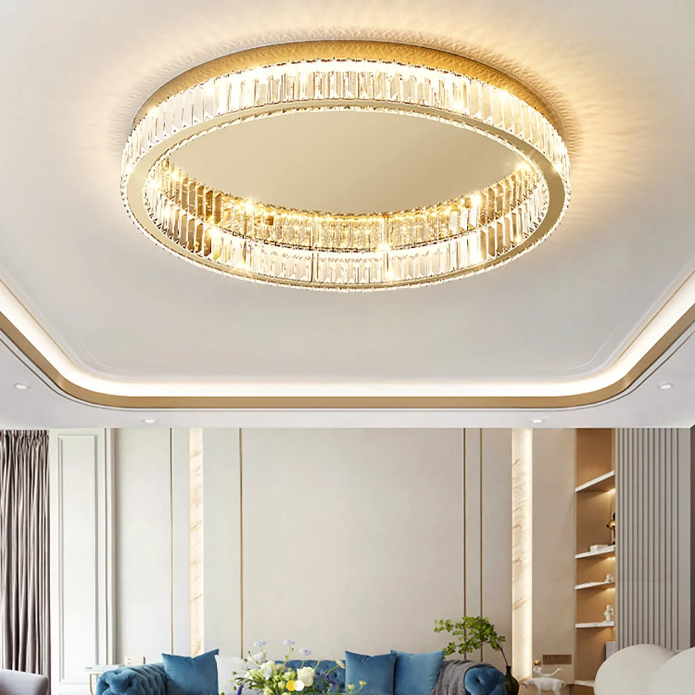 Glamour Crystal Flush Ceiling Light, Gold Double Ring