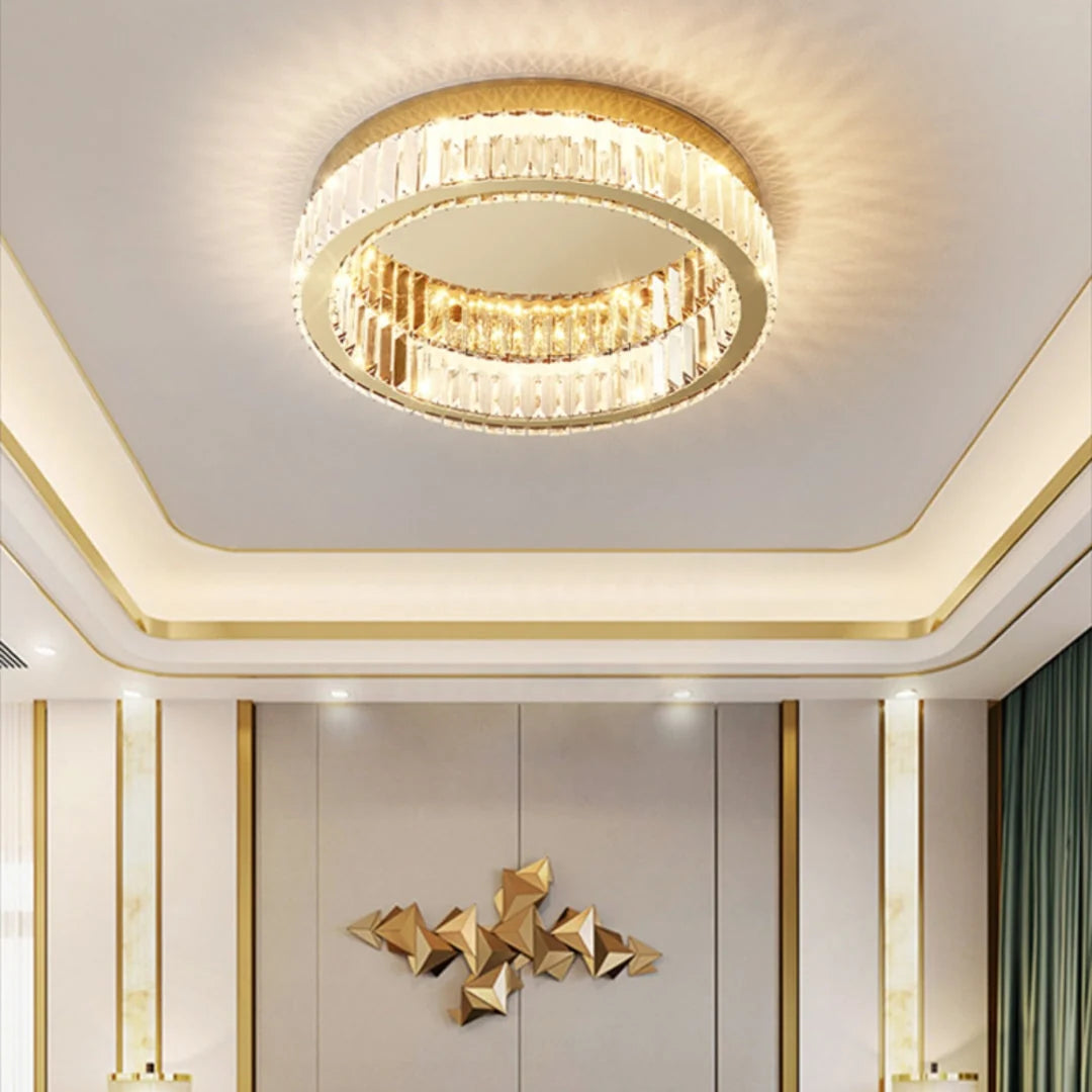 Glamour Crystal Flush Ceiling Light, Gold Double Ring