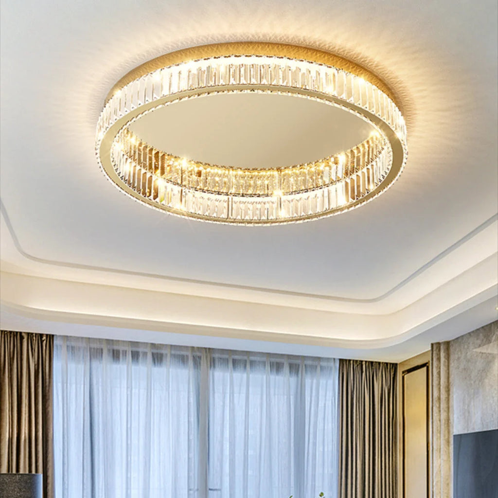 Glamour Crystal Flush Ceiling Light, Gold Double Ring