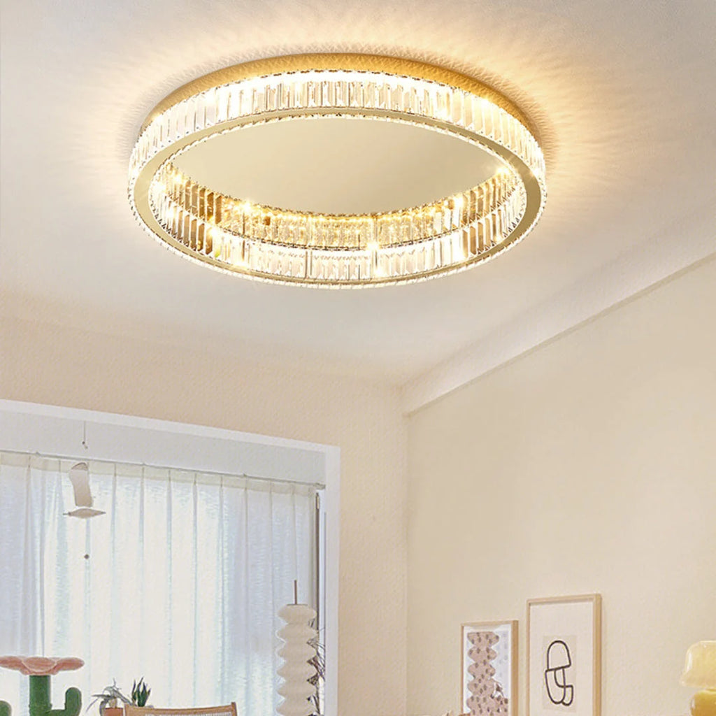 Glamour Crystal Flush Ceiling Light, Gold Double Ring