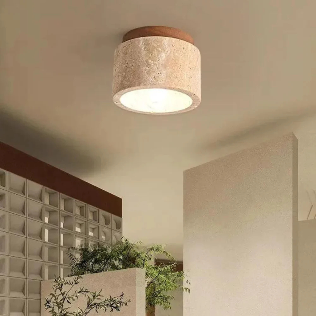 Japandi Marble Effect Ceiling Light with Wood Mount