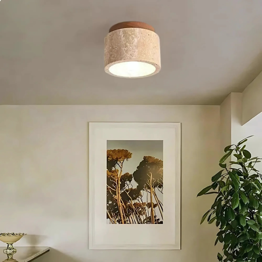 Japandi Marble Effect Ceiling Light with Wood Mount