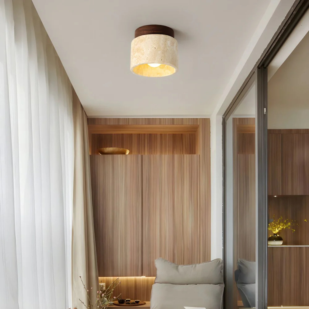 Japandi Marble Effect Ceiling Light with Wood Mount