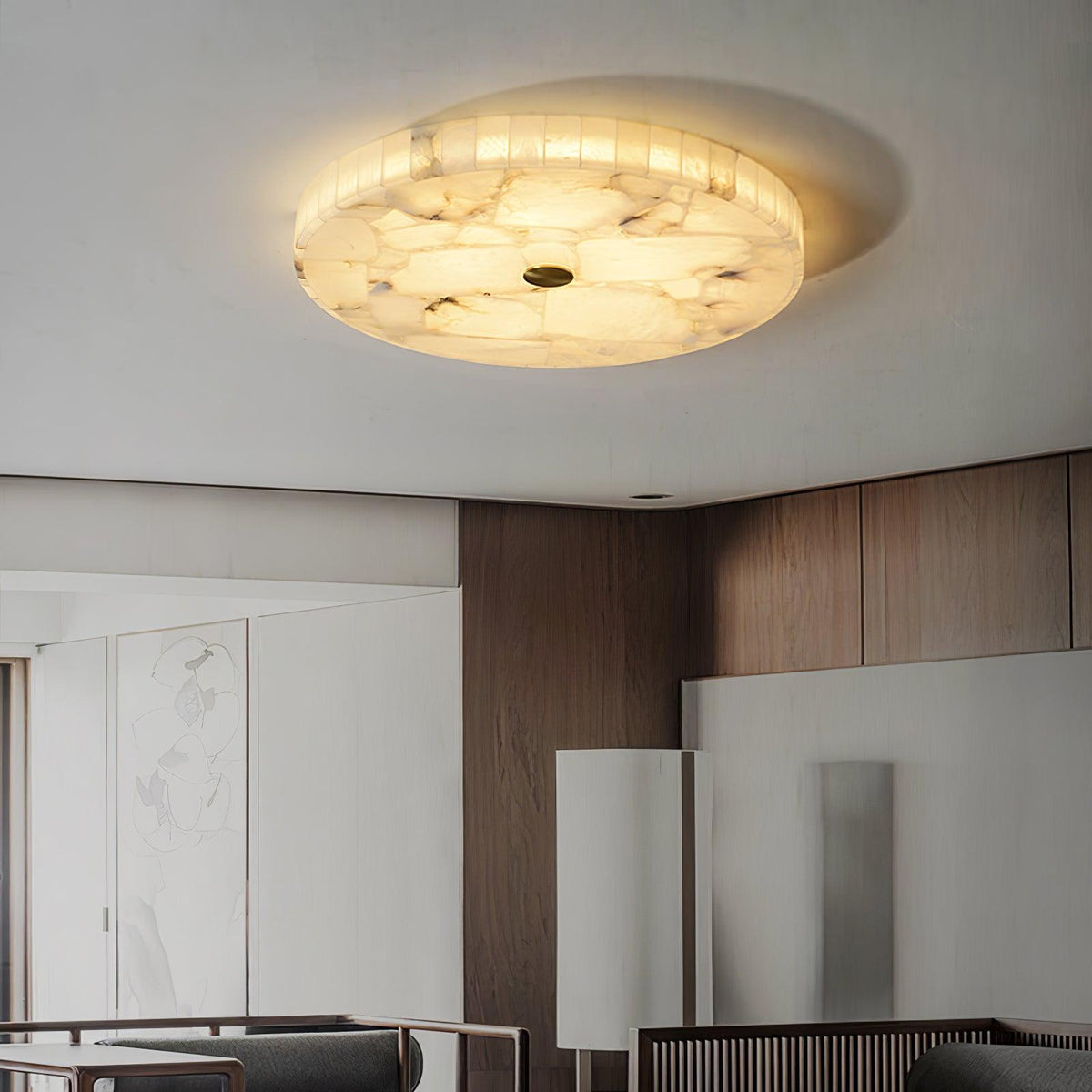 Alabaster Flush Ceiling Light with Brass Detail, 40 to 60 cm
