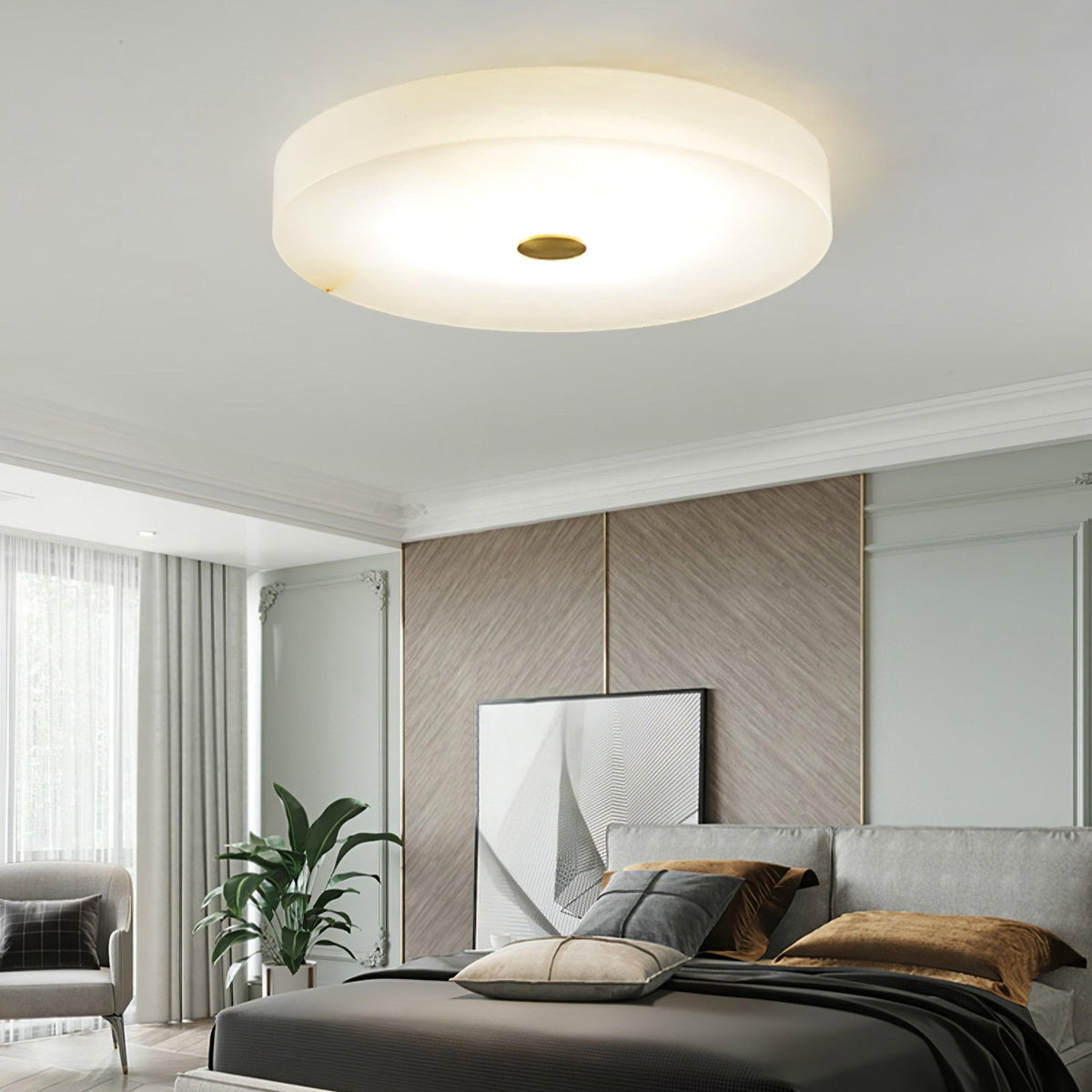 Alabaster Flush Mount Ceiling Light with Gold Detail