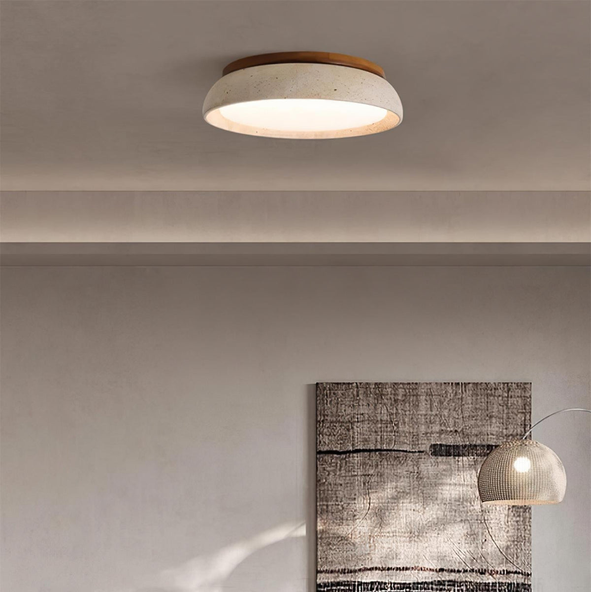 Natural Travertine and Wood Ceiling Light, Integrated LED