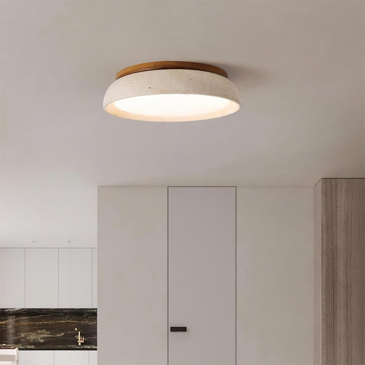 Travertine Ceiling Light with Wood Mount, IP44