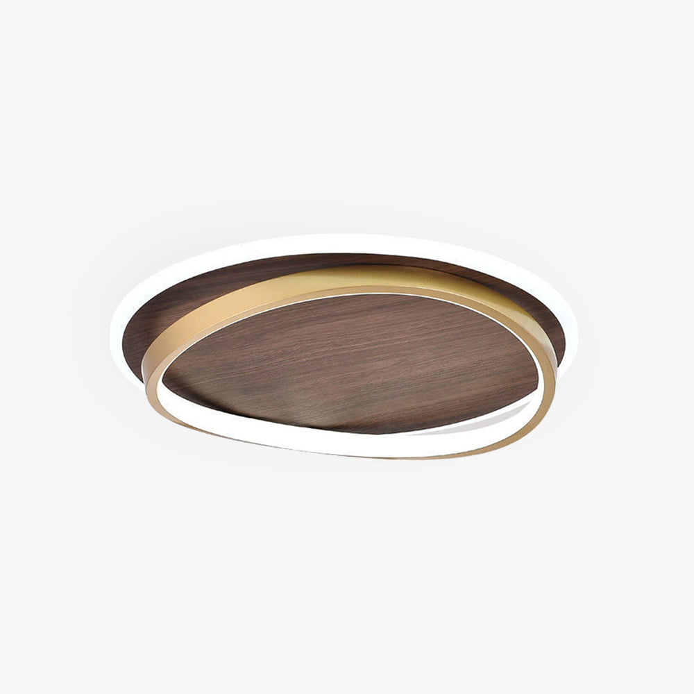 Wood-Effect Disc Ceiling Light with Gold Frame and LED