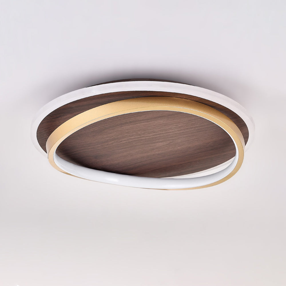 Wood-Effect Disc Ceiling Light with Gold Frame and LED