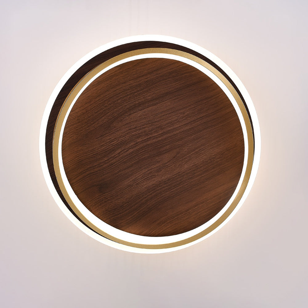 Wood-Effect Disc Ceiling Light with Gold Frame and LED