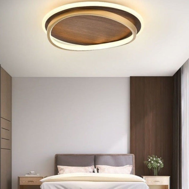 Modern Ceiling Light with Wood-Effect Panel and Gold Ring