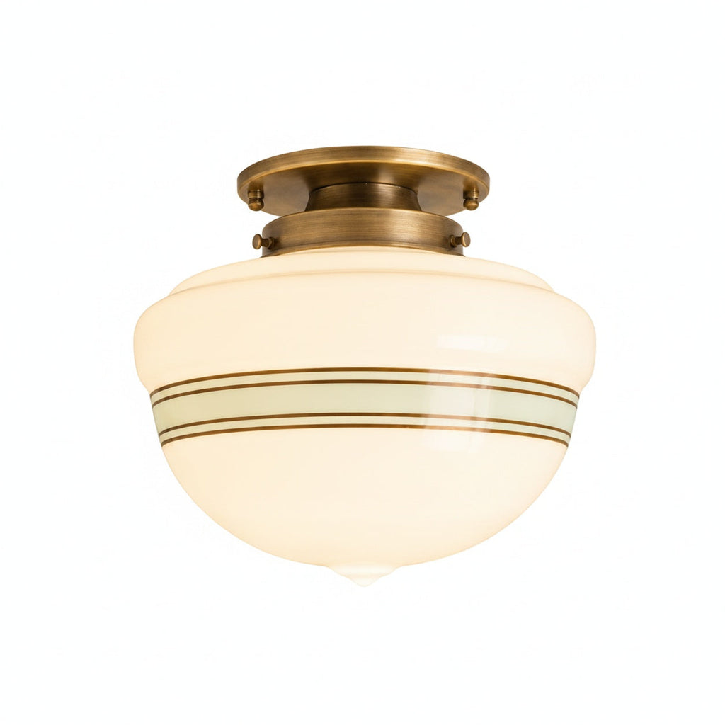 Retro Schoolhouse Ceiling Light, Opal Glass with Turquoise Band