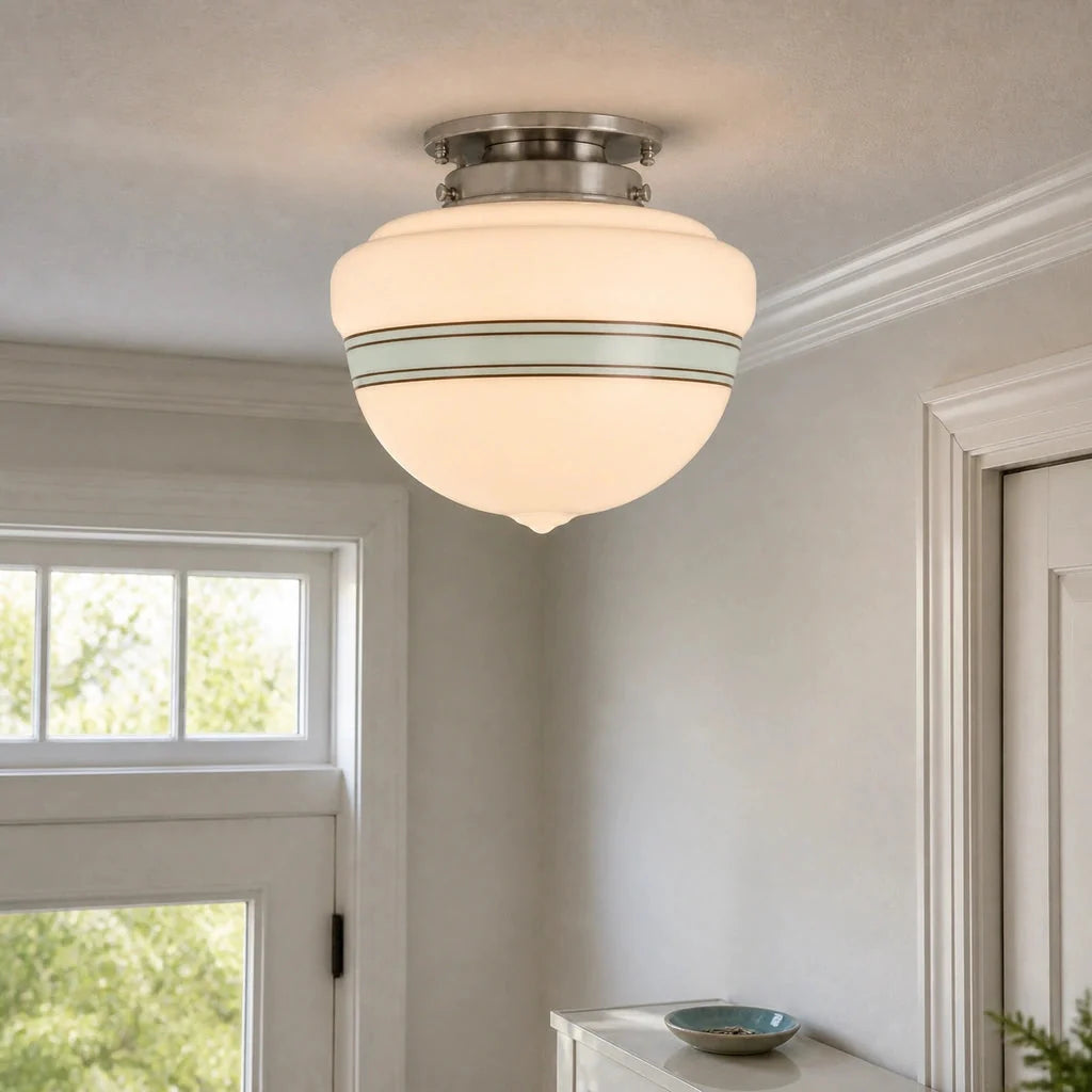 Retro Schoolhouse Ceiling Light, Opal Glass with Turquoise Band