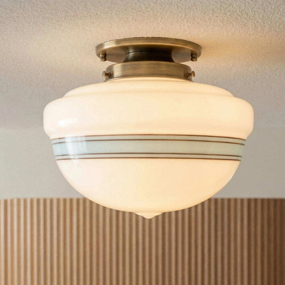 Retro Schoolhouse Ceiling Light, Opal Glass with Turquoise Band