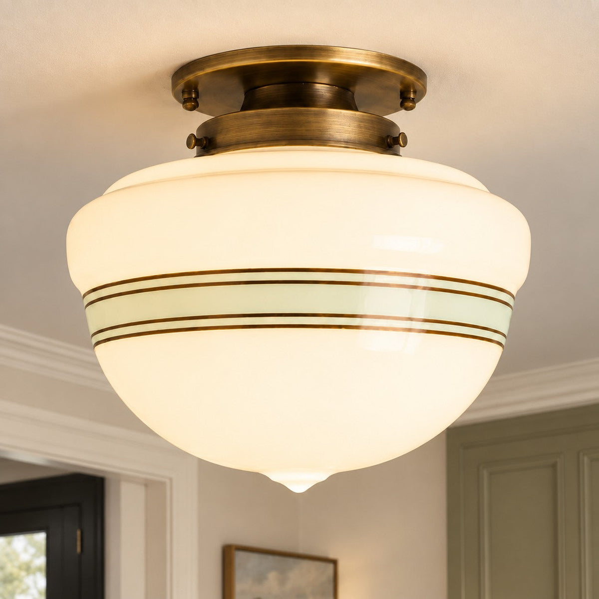 Retro Schoolhouse Ceiling Light, Opal Glass with Turquoise Band